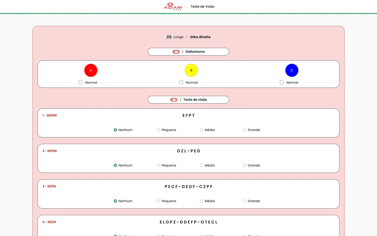 Aplicação do exame na plataforma A1 desenvolvida por Rafael: teste de visão de cores com três alvos coloridos, seguido de cinco linhas de acuidade em escala Snellen, de 20/200 a 20/30, cada linha com o registro de quanto o paciente errou e um campo de observações.